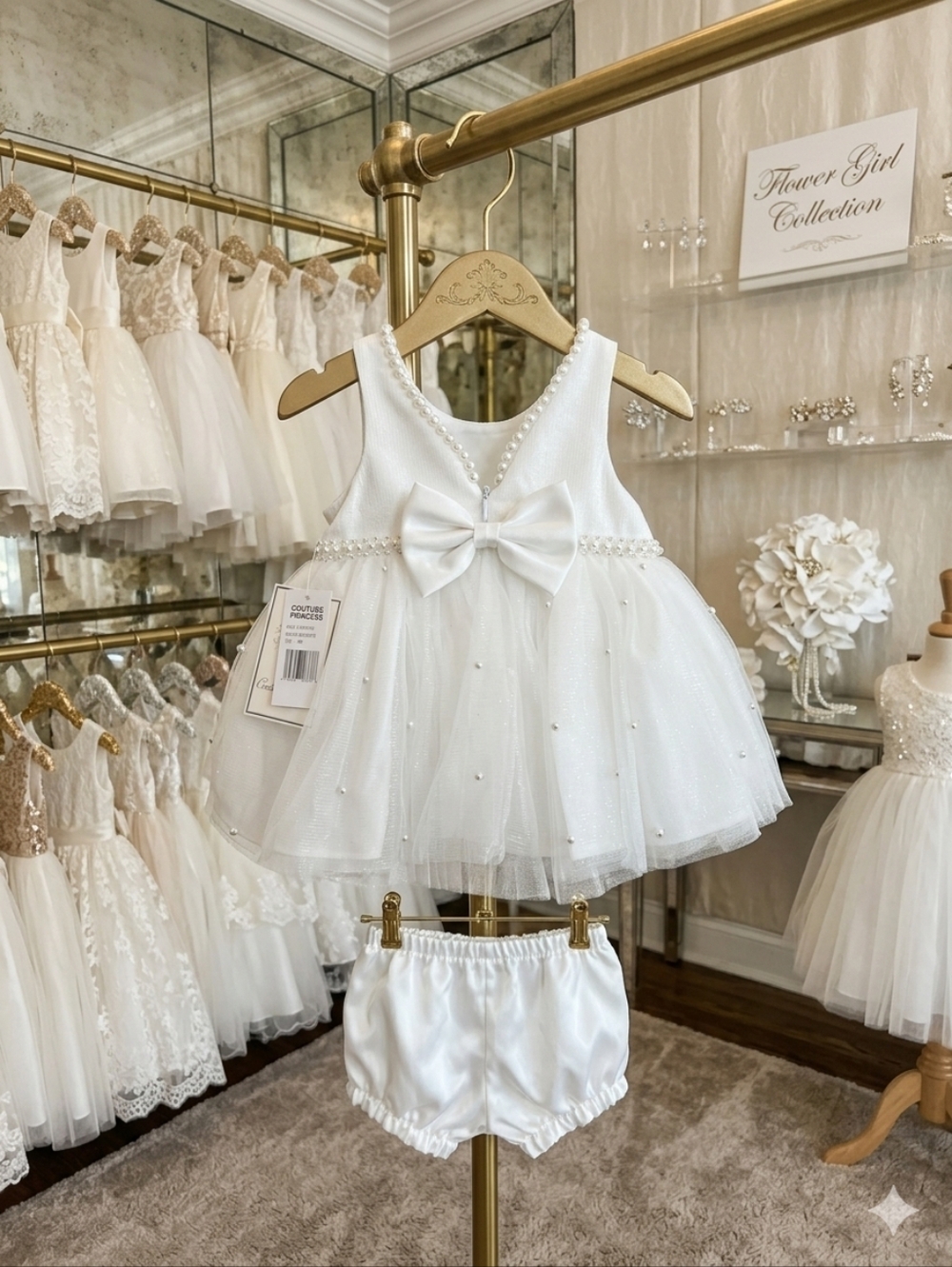 Couture Princess White Pearl-Embellished Baby Dress w/Diaper Cover, Size 6m, NWT